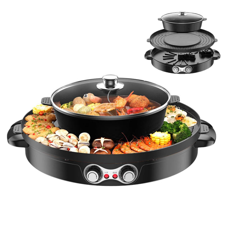 2 In 1 Elektrischer Hot Pot mit Grillfunktion, 2200W Multifunktion Elektrische Grill Hotpot mit Deck