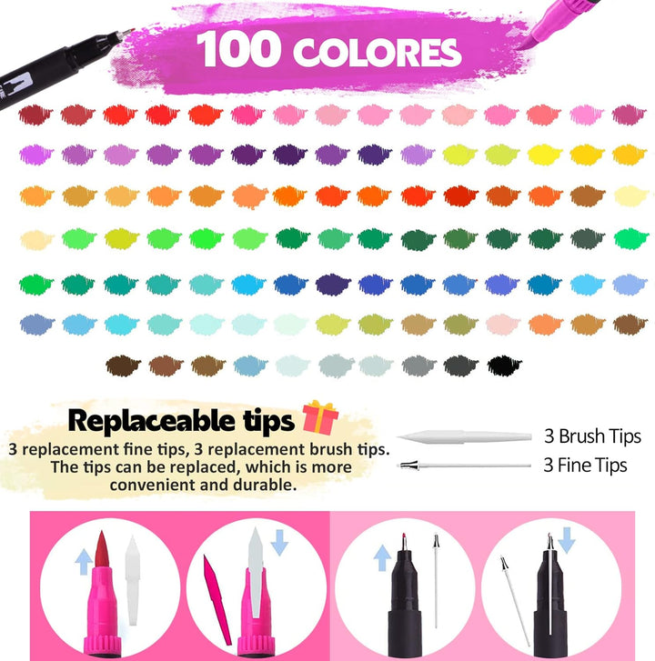 FORETOY Dual Brush Pen Set, 100 Farben Filzstifte Dicke und Dünne Pinselstifte Für Kinder Erwachsene