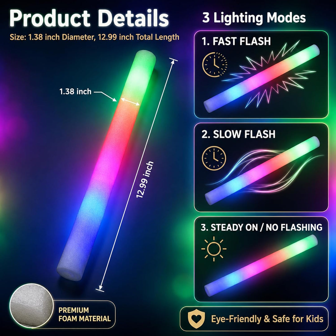 10 LED Schaumstoff Leuchtstäbe, 3 Modi Farbwechsel blinkend, Glow Sticks im Dunkeln, wiederaufladbar