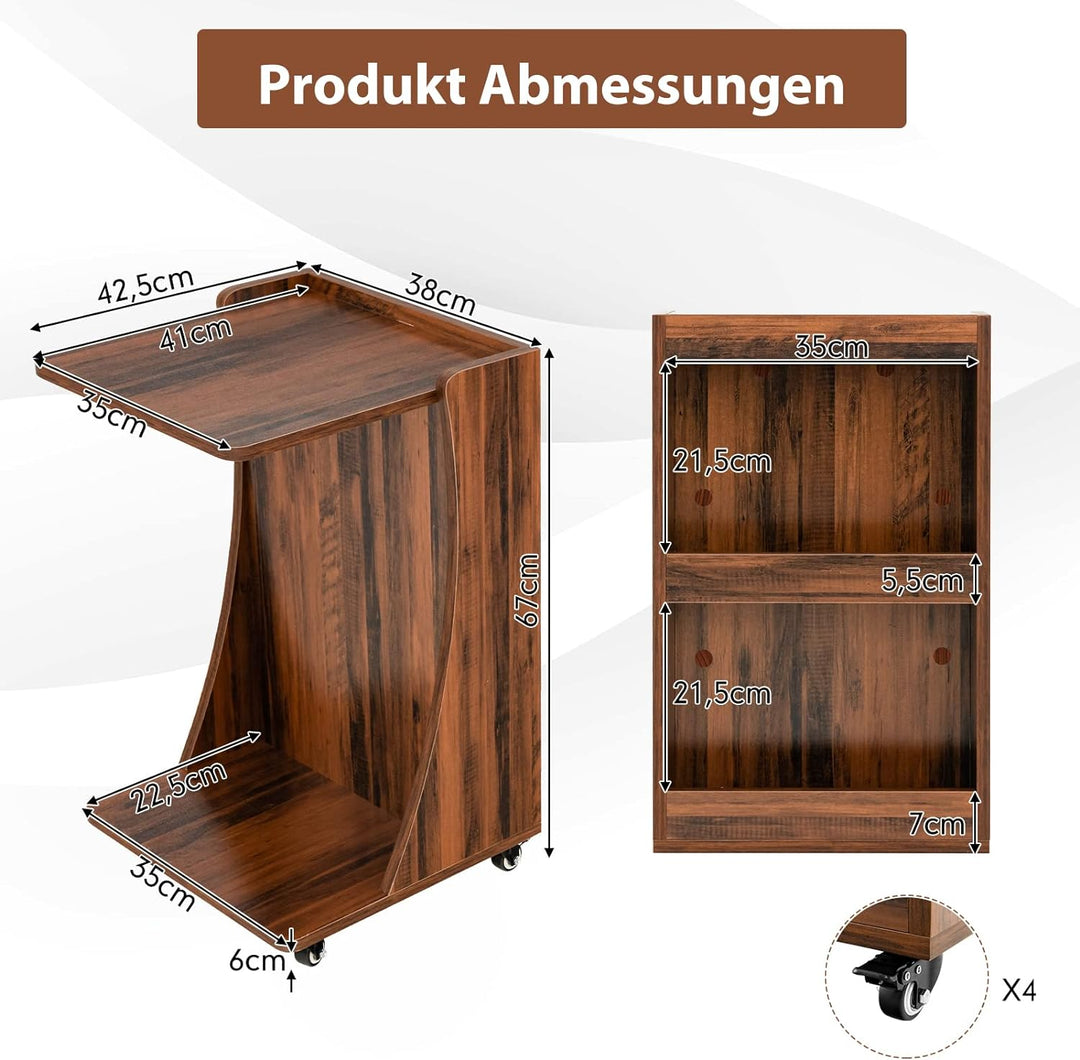 COSTWAY Beistelltisch mit Rollen, mobiler Sofatisch mit 2 hintere Ablagefächer, C-Form, Kaffeetisch