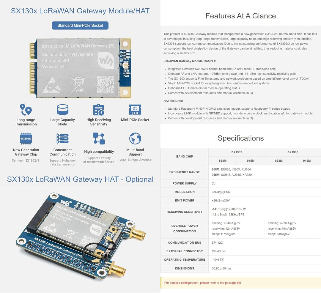 Waveshare SX1303 868M LoRaWAN Gateway Hat for Raspberry Pi L76K Module Standard Mini-PCIe SocketLong