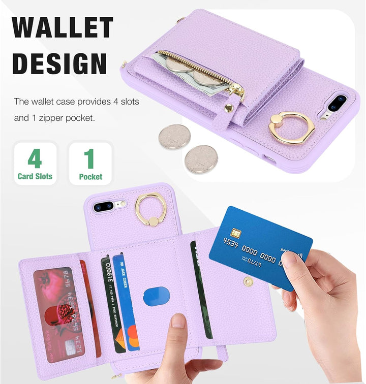 ELTEKER Handyhülle für iPhone 7 Plus/8 Plus Hülle mit Band Kartenfach Handykette Geldbörse,Leder Kla