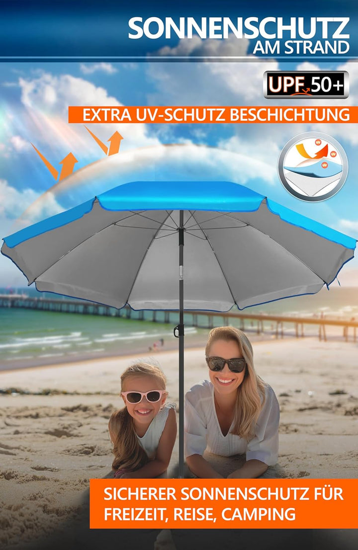 4smile Sonnenschirm Strand SunnyJoy als 3-IN-1 SET, Blau - UPF 50+ Strandschirm mit Bodenhülse & Sch