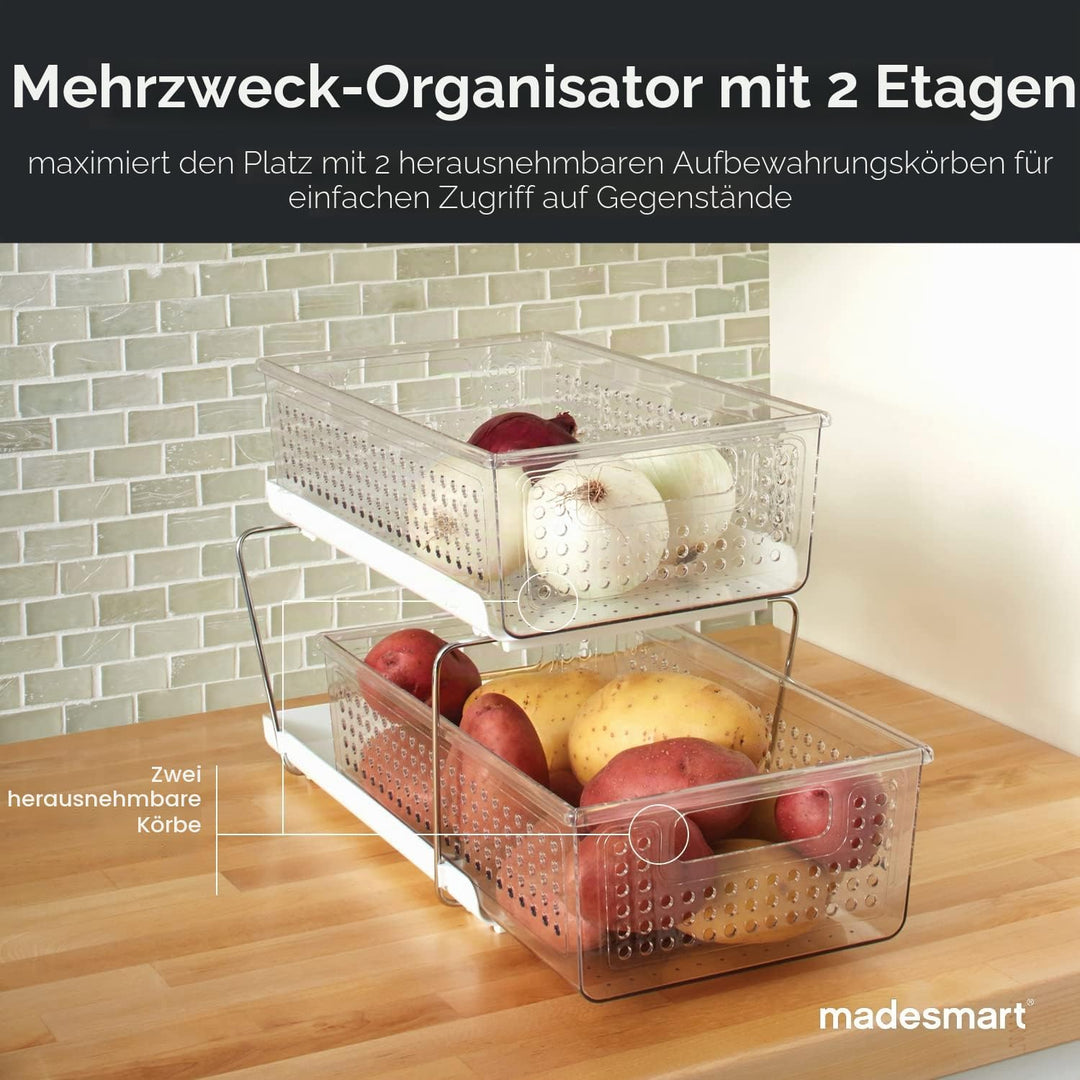 Madesmart 2-Tier Plastic Multipurpose Organizer with Divided Slide-Out Storage Bins, Under Sink and