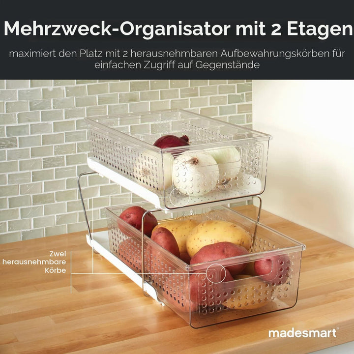 Madesmart 2-Tier Plastic Multipurpose Organizer with Divided Slide-Out Storage Bins, Under Sink and