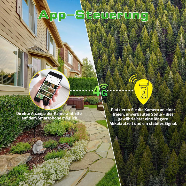 Wildkamera 4G-LTE mit Handyübertragung App, Wildkamera Solar mit Akku 5200mAh Wildtierkamera mit Bew