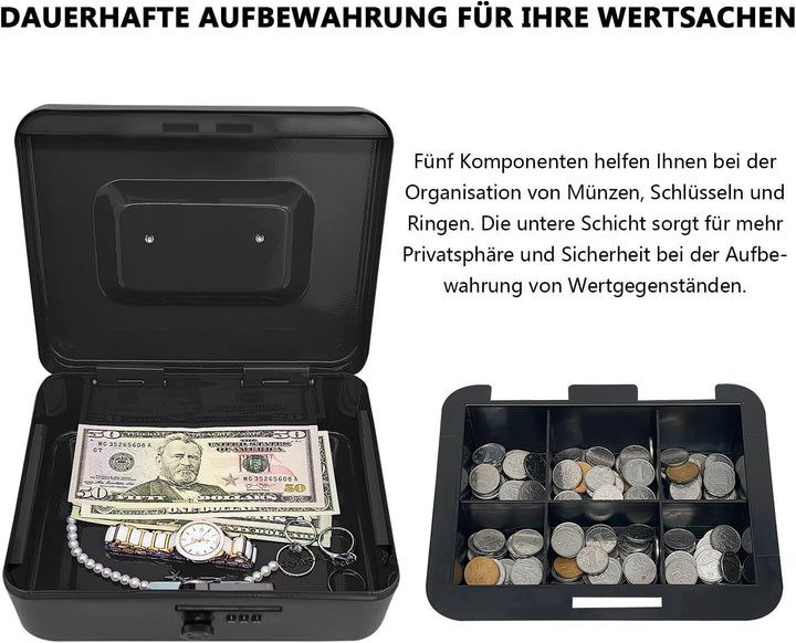 Geldkassette aus Stahl mit Zahlenschloss, kleine Geldkassette aus Metall mit abnehmbarem Geldfach, G