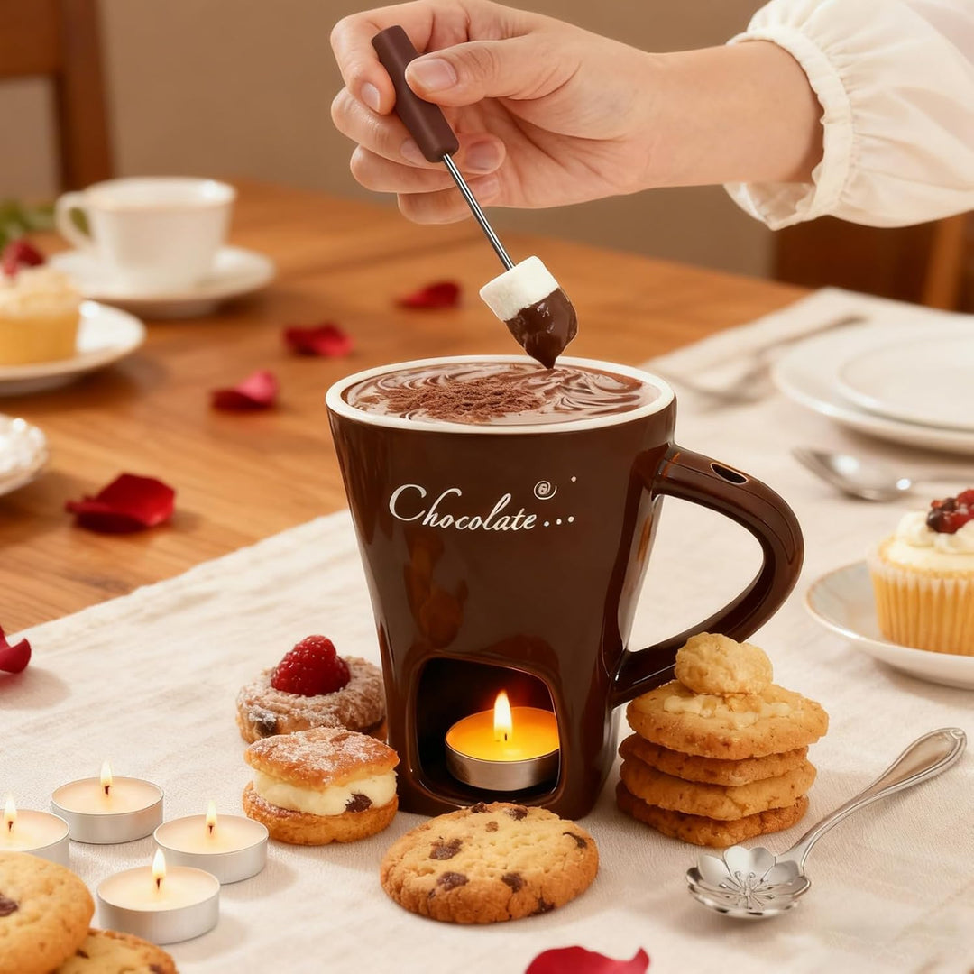 Schokofondue Tasse, 200ml Schokoladen Fondue Becher Set, Keramik Schokoladenfondue Set, mit Gabel un