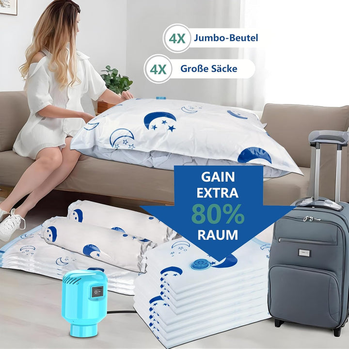 SZO Vakuumbeutel für Kleidung Bettdecken mit Elektrische Pumpe 8 Stück (4 Jumbo, 4 GroBe) Reise Schn