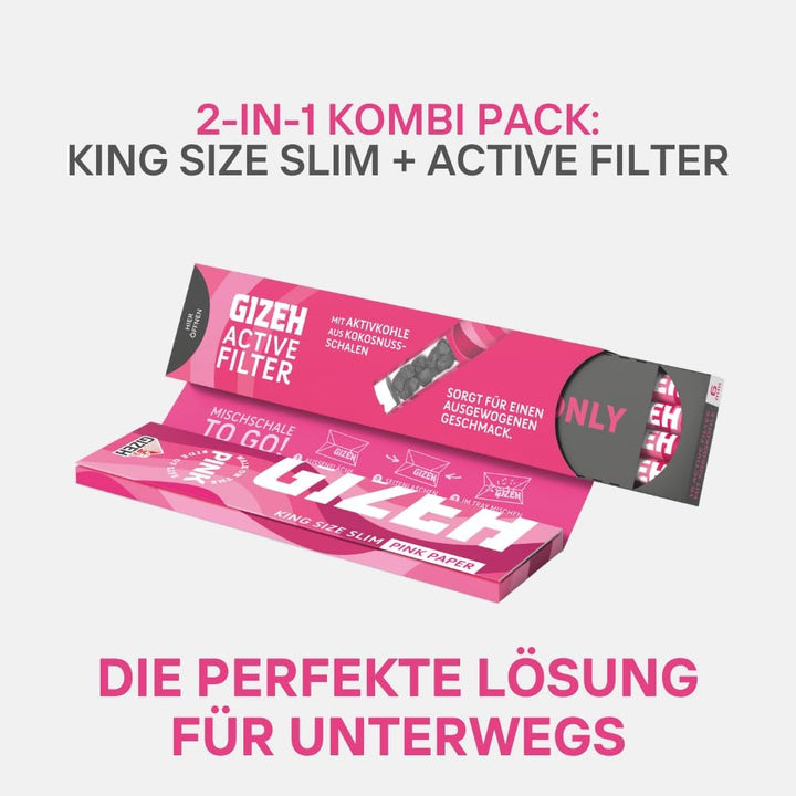 GIZEH PINK King Size Slim + Active Filter 2-in-1-Kombi-Pack – King Size Slim Blättchen inkl. 6 mm Ak