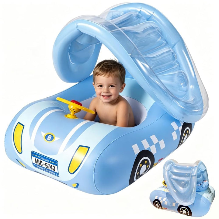 Baby Schwimmring mit Sonnendach, Schwimmring Baby mit Dach UPF50+, Sportauto mit Lenkrad, Leicht zu