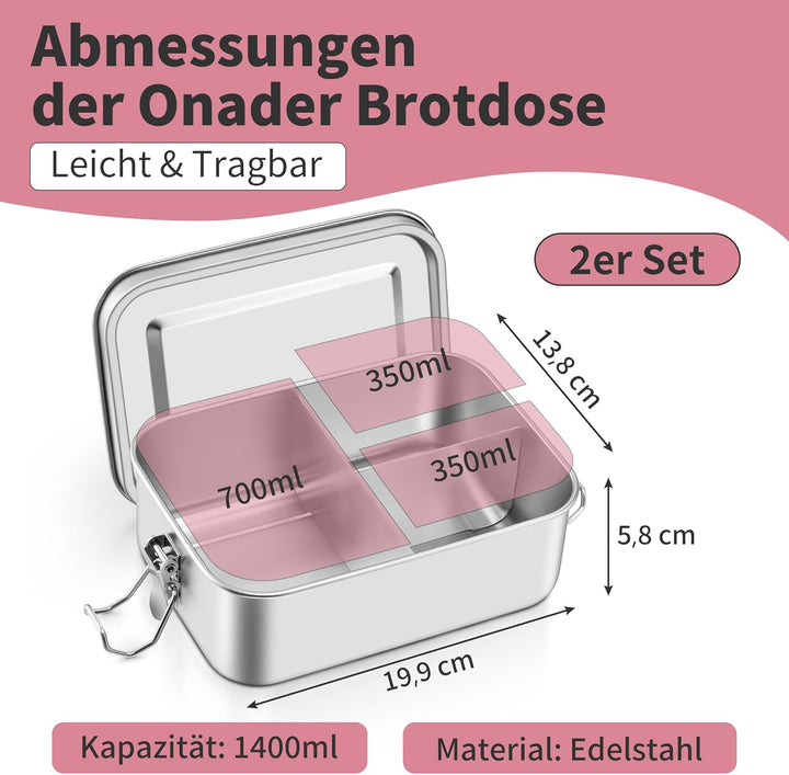 Onader Edelstahl Brotdose mit Fächern 2er Set, 1400ml Bento Box Lunchbox mit Abnehmbar Trennwand, Me