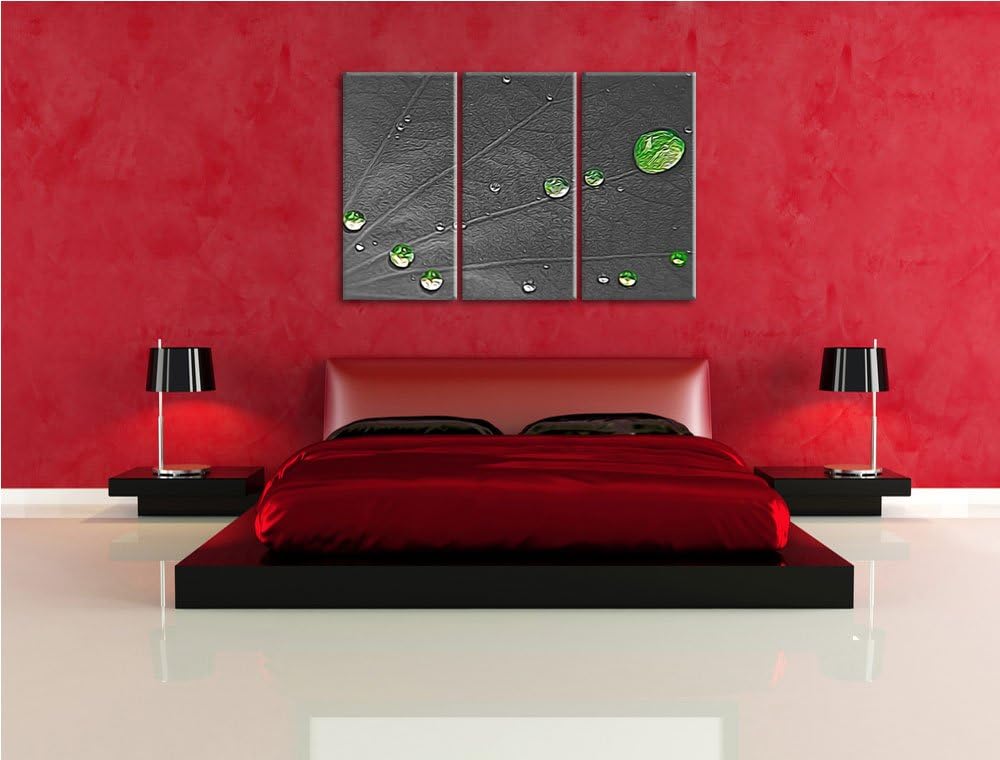 winzige Wassertropfen auf grünem Blatt schwarz/weiss Spezial 3-Teiler Leinwandbild 120x80 Bild auf L