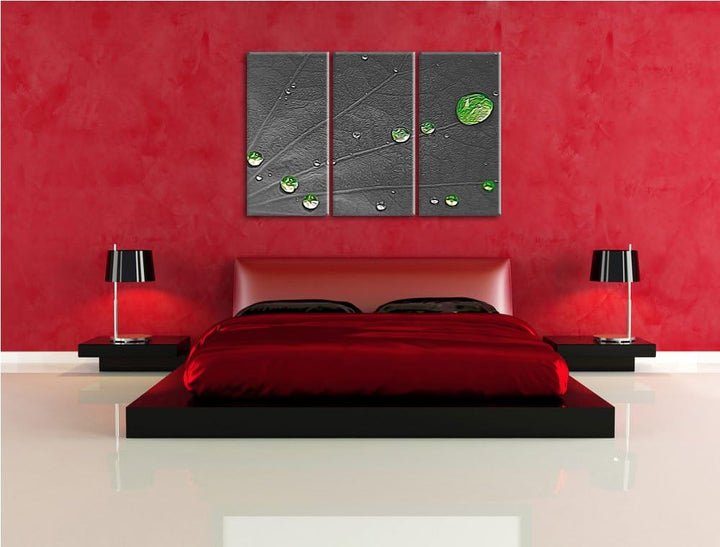 winzige Wassertropfen auf grünem Blatt schwarz/weiss Spezial 3-Teiler Leinwandbild 120x80 Bild auf L