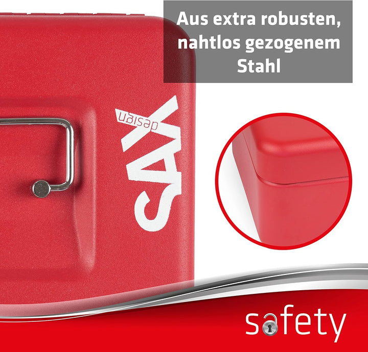 SAX Geldkassette mit Zahlenschloss, extra Starkes Schloss, 20 x 16 x 9cm, Medium, Rot, 0-822-13 Medi