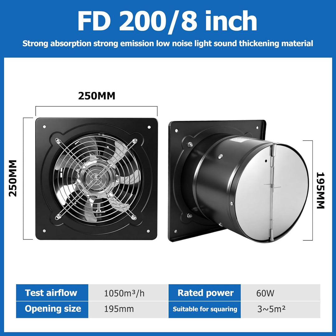 200mm Abluftventilator 1050m³/h, badlüfter 200mm mit Rücklaufklappe, Rauchabzug Wandventilator Abluf