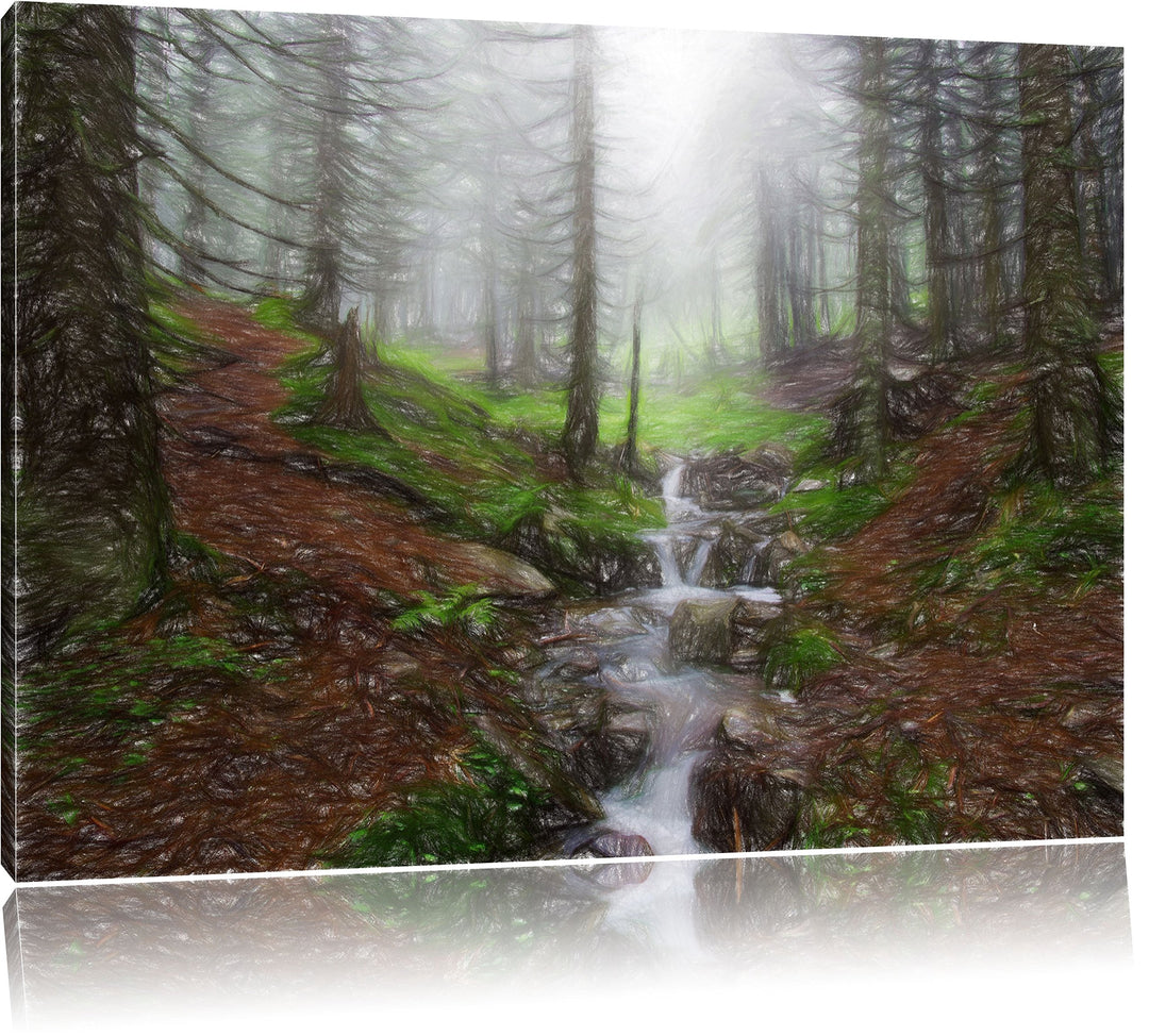 Pixxprint Bach im Wald / 100x70cm Leinwandbild bespannt auf Holzrahmen/Wandbild Kunstdruck Dekoratio