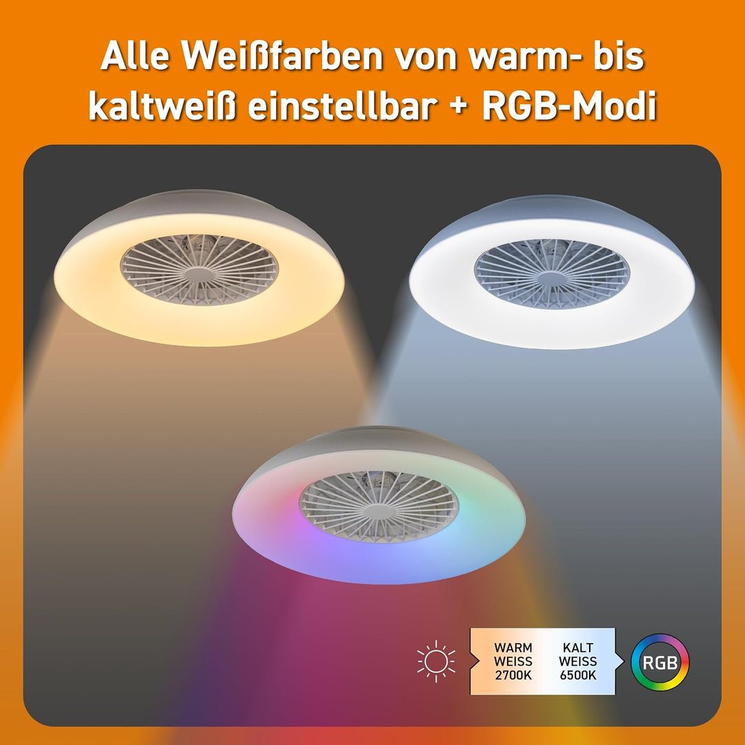 Proventa LED Deckenleuchte mit Ventilator RGB Farbwechsel 54W 3950lm Ø60cm Fernbedienung Deckenventi