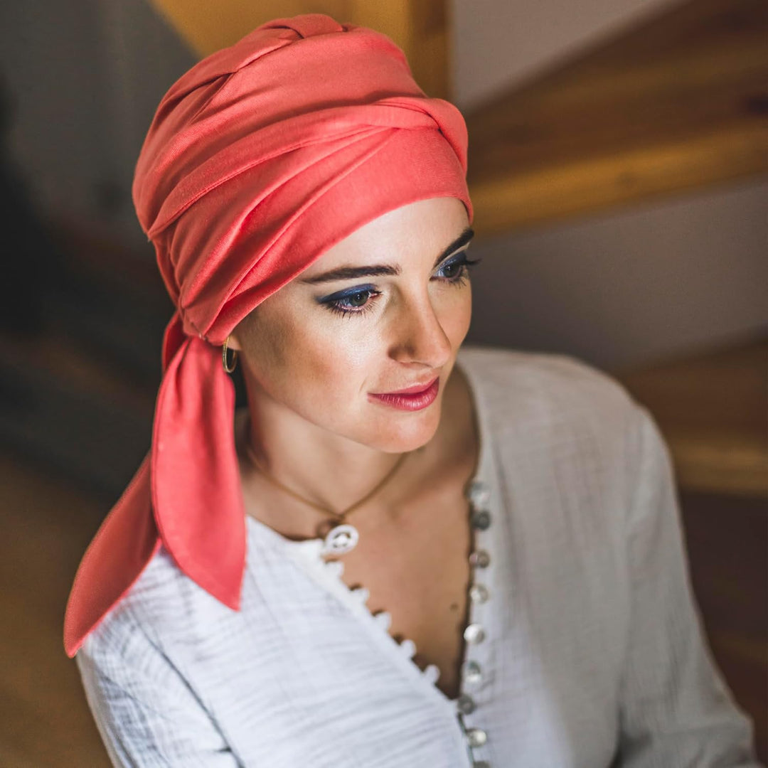 CAREBELL - Smooth - Bambus-Beanie für Chemotherapie und Alopezie mit Bändern (Koralle)