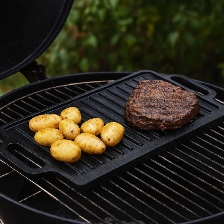 2 STK Gusseisenpfanne Rund D 31 cm, Grillplatte Länge 40 mit Griffe | Runde Servierpfanne und Grillp