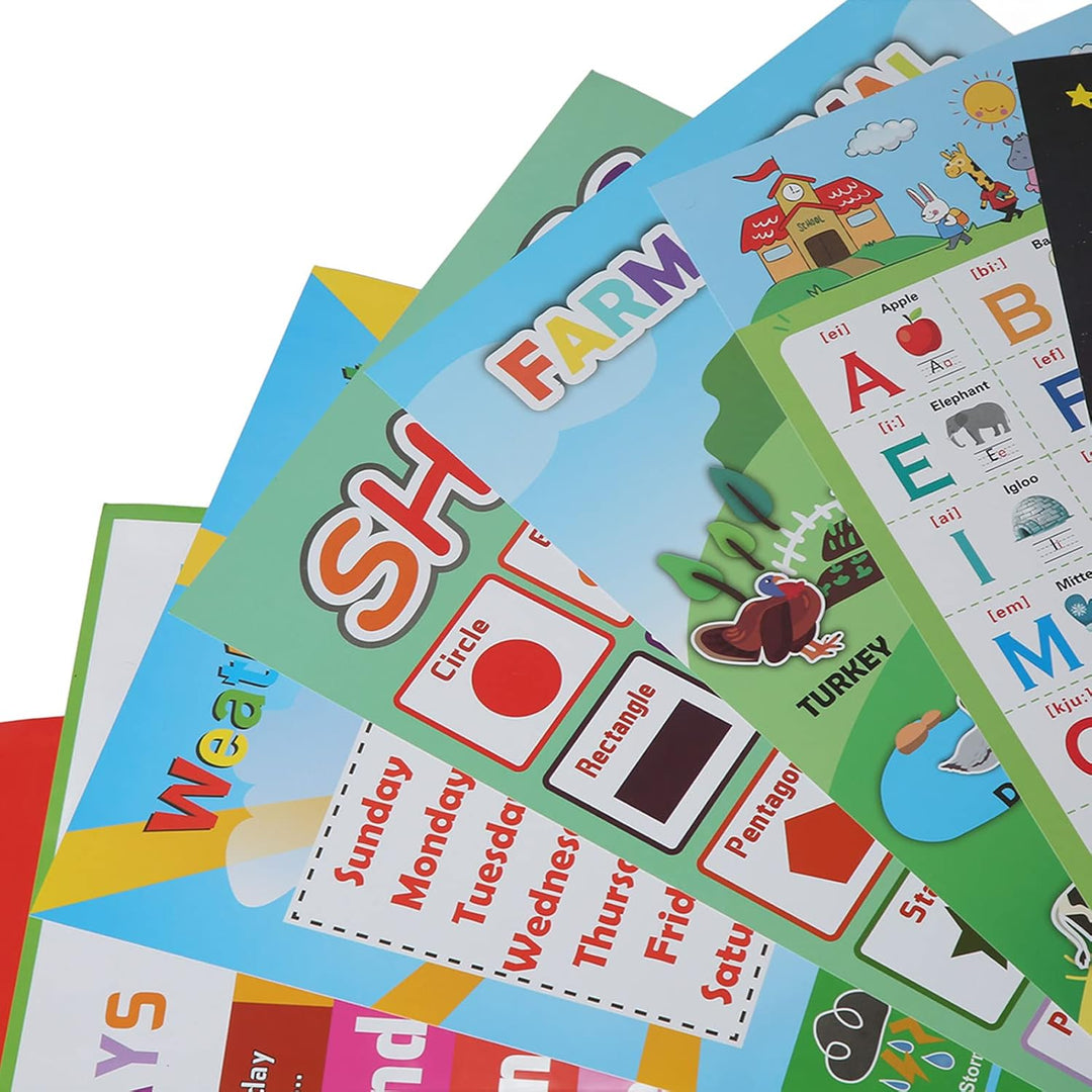 12 STÜCKE Bildungsposter für Kinder,Bildungsposter, Vorschulposter, wasserdichtes englisches Cartoon