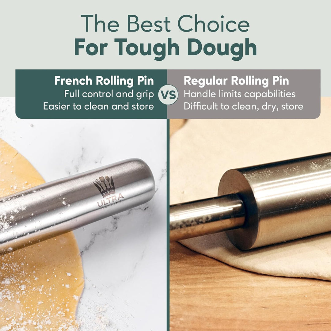 Professionelles französisches Nudelholz zum Backen, 40 cm, glattes Edelstahl-Metall und konisches De