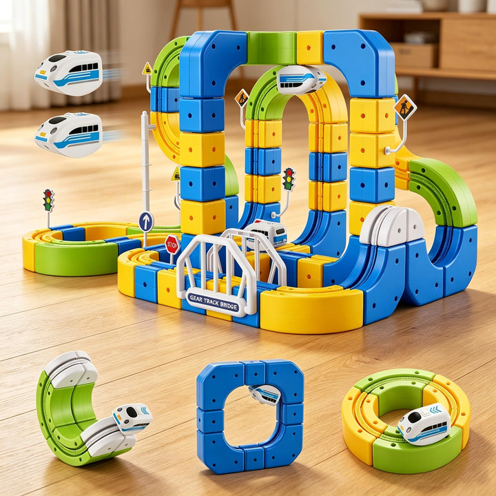 224 Stück Cube Track Set mit Saugnapf &amp; Type-C Ladung, Elektrische Eisenbahn mit 2 Zügen &amp; 3D Gear T