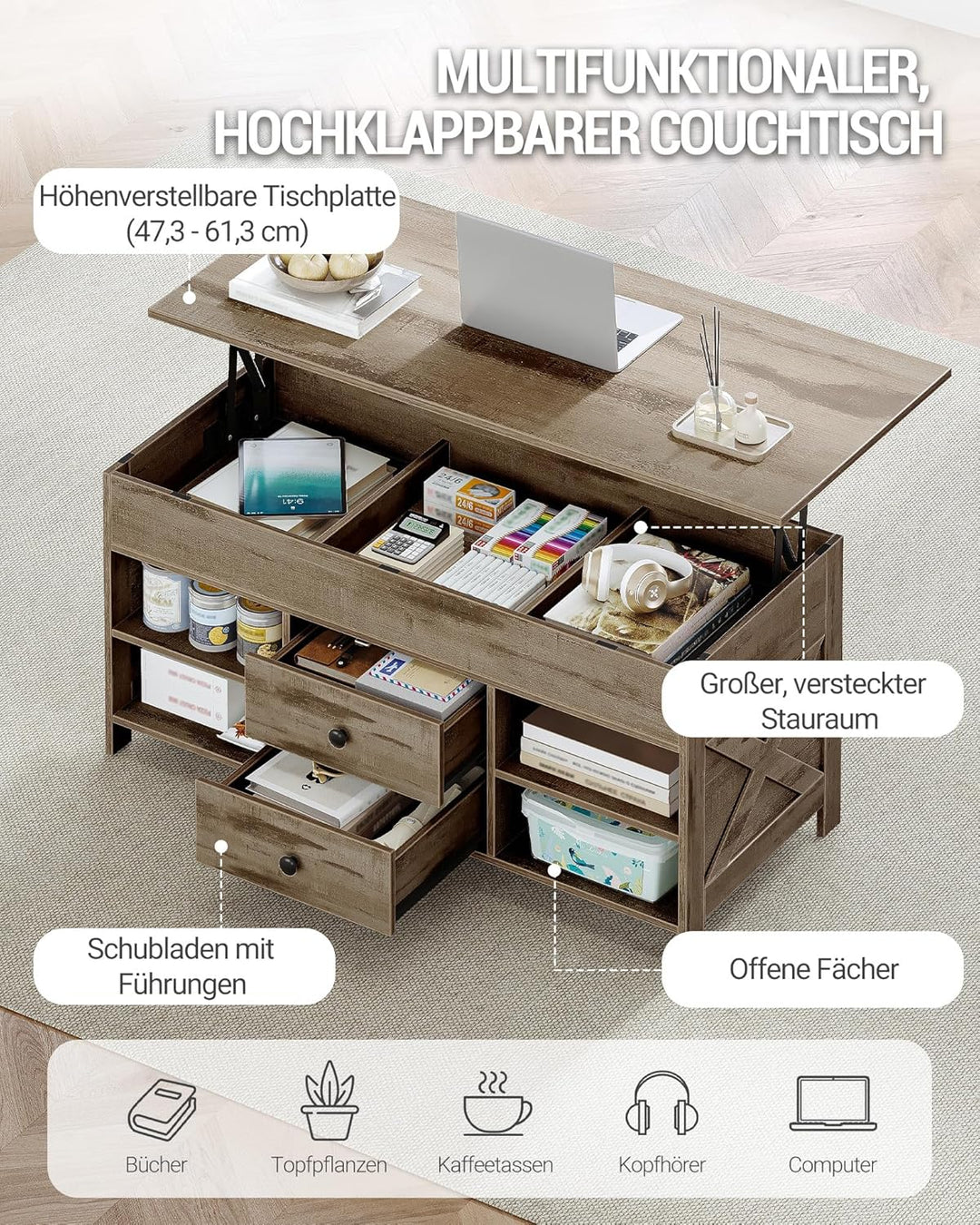 Hzuaneri Couchtisch, höhenverstellbarer Wohnzimmertisch, Sofatisch, 2 Schubladen und Versteckter Sta