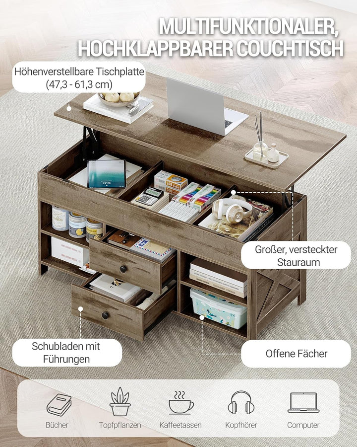 Hzuaneri Couchtisch, höhenverstellbarer Wohnzimmertisch, Sofatisch, 2 Schubladen und Versteckter Sta