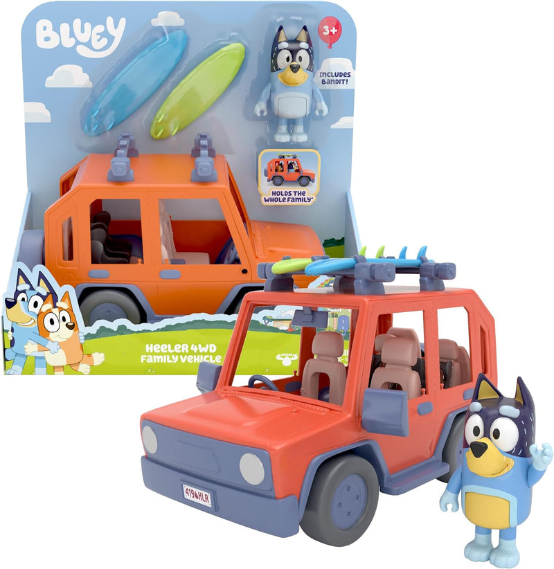 Giochi Preziosi Bluey Auto 4 x 4 Familienfahrzeug, inklusive Papa Bandit Hoch, ca. 8 cm und 2 Surfbr