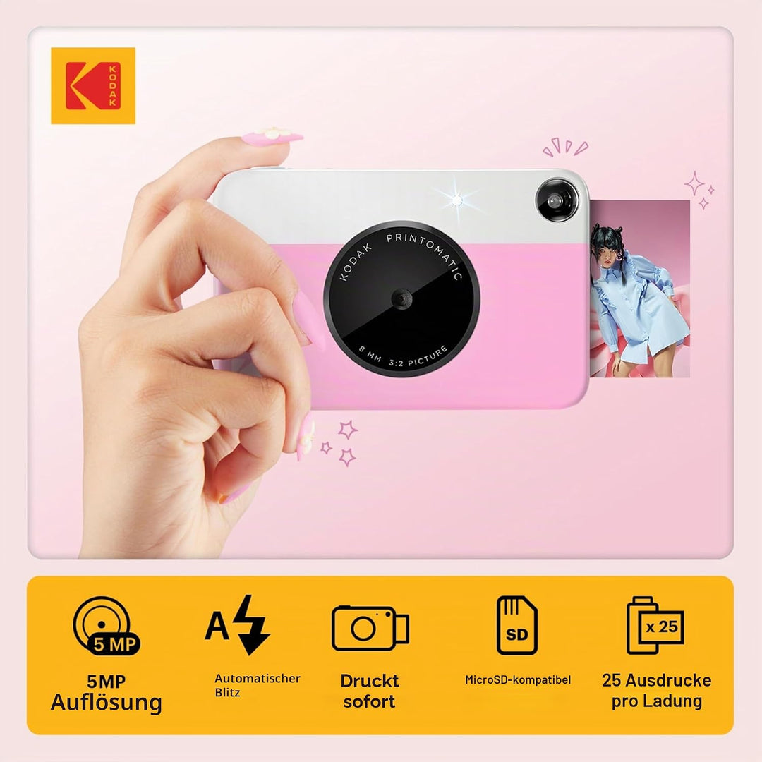 KODAK Printomatic Sofortbildkamera (Rosa) Basis-Paket + Zinkpapier (20 Blätter) Etui + Bequemer Hals