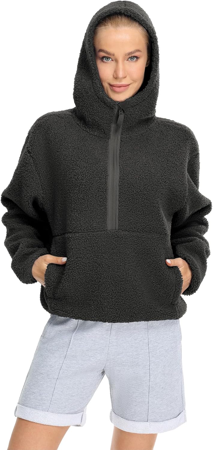 icyzone Damen Teddy Fleece Hoodie Sherpa Kapuzenpullover Herbst Winter Warm Pullover Casual Sweatshi