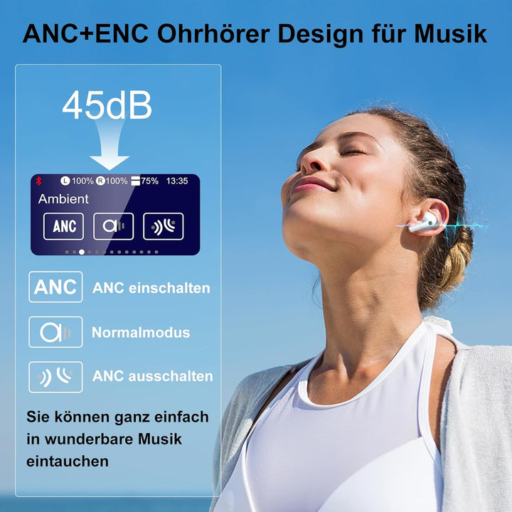 Bluetooth Kopfhörer, LED Full Color Touch Screen Wireless Earbuds, Weiss | Bluetooth 5.4, ANC+ENC No