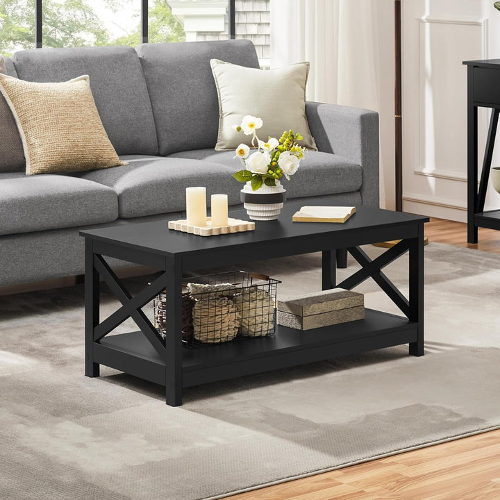 Yaheetech Couchtisch Kaffeetisch mit 2 Ablagen Sofatisch X-Form Stütze Wohnzimmertisch aus Holz Einf