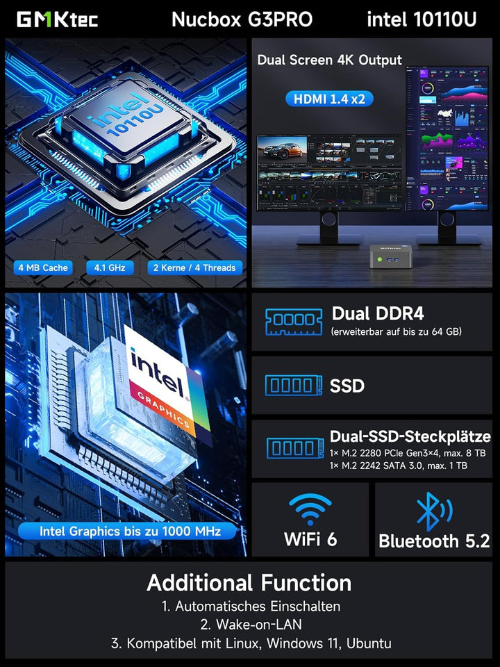 GMKtec Mini PC, 3-Jahre-Support, mit Intel i3-10110U (Beats 4300U/3250U) bis zu 4,1 GHz, G3 Pro Micr