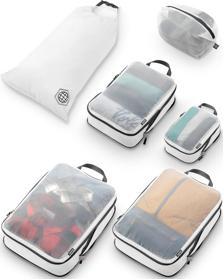 Grosses Packwürfel-Set mit durchsichtigem Netz, Kompressions-Verpackungswürfel, Reise-Organizer (wei