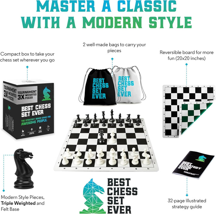 Best Chess Set Ever 3X – Turnierschachset mit 20" Silikonbrett (Patentiert, Beidseitig & Aufrollbar)