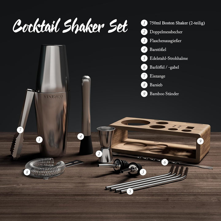 Cocktail Shaker Set Boston mit Ständer & Rezeptbuch: Premium Edelstahl Bar Cocktailset Cocktailshake