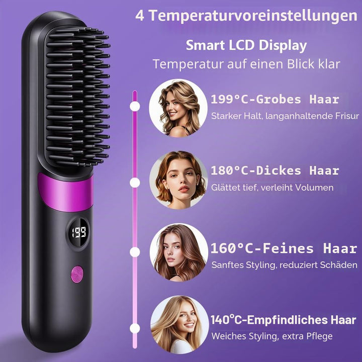 LOPHE Glättbürste, 2 in 1 Haarglätter Bürste mit LED Display, Hair Straightener Kabellos und Verbrüh