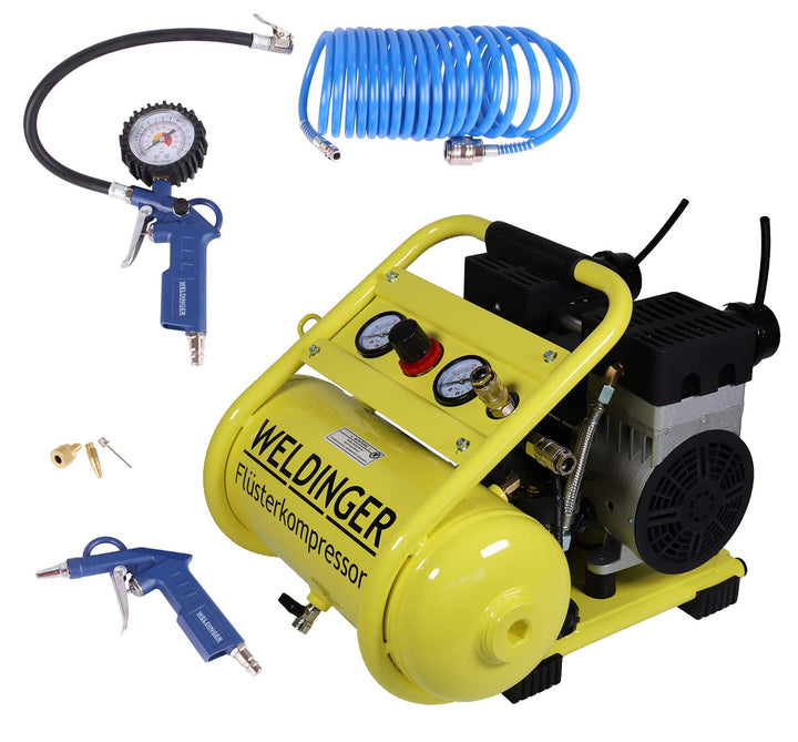Aktionsset WELDINGER Flüsterkompressor FK 120 compact 980 W Luftabgabe 120 l ölfrei + Druckluftset 6