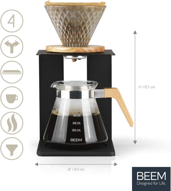BEEM POUR OVER Kaffeebereiter Set - 4 Tassen | Glas-Handfilter in Diamantoptik (Grösse 2), 0,5 l Gla