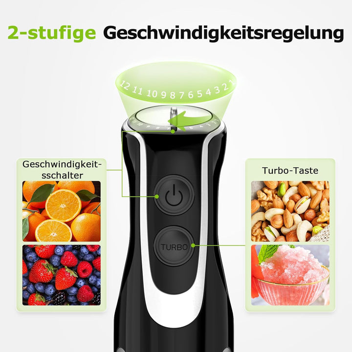 Bonsenkitchen Stabmixer 4-in-1, 1000W Edelstahl mit 12 Stufen Turbo, Schneebesen 700ml Messbecher Le