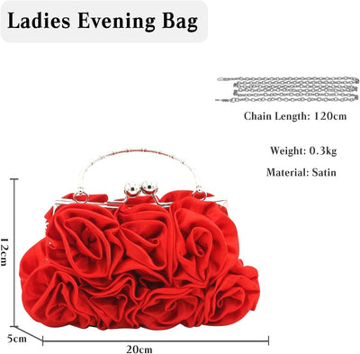 CORIOS Damen Elegante Abendtasche Blumen Clutch Tasche Handtasche mit Kette Kiss Lock Mini Rose Schu