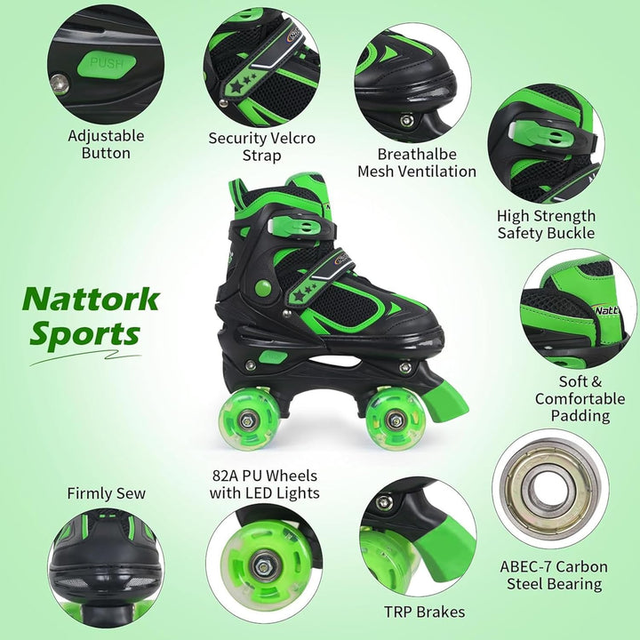 Nattork Kinder Rollschuhe für Jungen Mädchen, 4 Grössen Verstellbare Quad Skates, Roller Skates mit