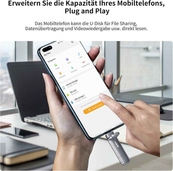 SSK USB C Externe SSD 256GB, mit bis zu 550 MB/s Extreme schneller USB-Stick, Dual-USB Typ C + A USB