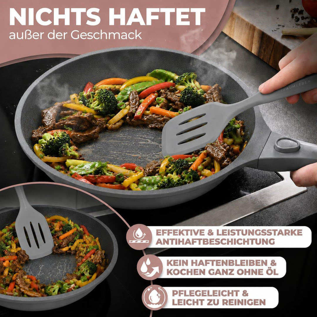 TRAUMLEBEN NEU Pfannenset 2-teilig 24, 28 cm mit abnehmbarem Griff, Antihaftbeschichtung, PFOA frei,