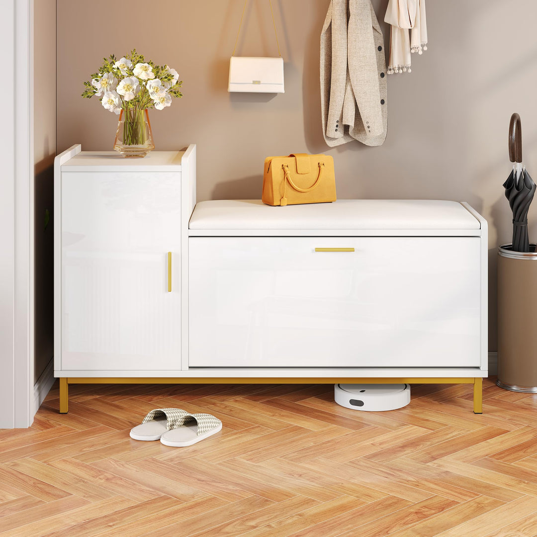 Merax Schuhschrank 100 × 38 × 68 cm mit Sitzbank &amp; Stauraum, Hochglanz Schuhregal mit 2 Klappfächern