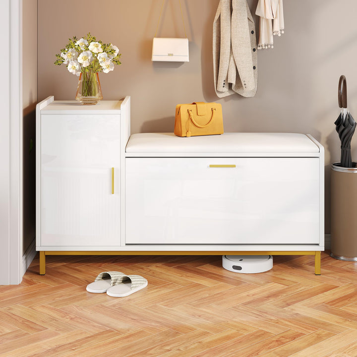 Merax Schuhschrank 100 × 38 × 68 cm mit Sitzbank &amp; Stauraum, Hochglanz Schuhregal mit 2 Klappfächern