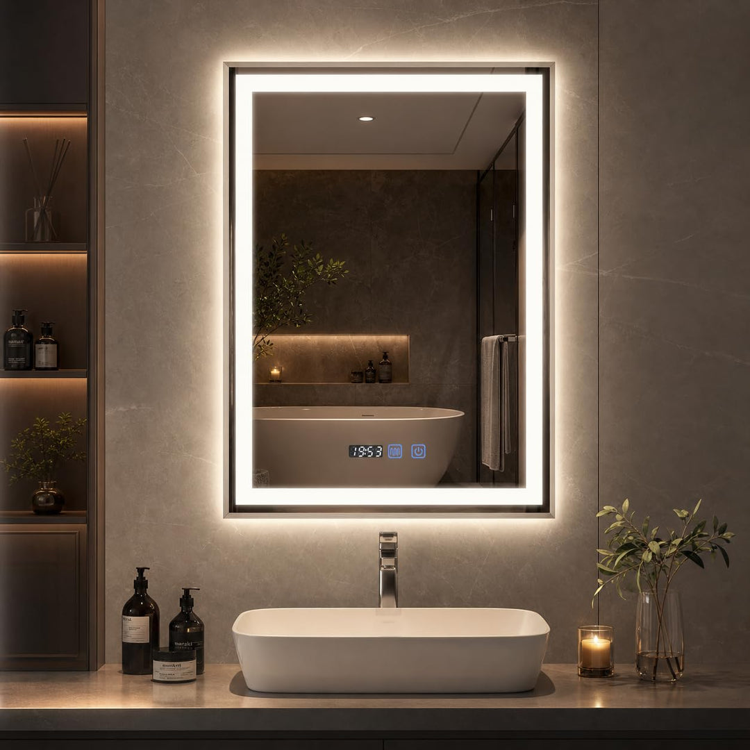 YOURLITE Badspiegel mit Beleuchtung 60x80cm, LED Spiegel Bad mit Uhr, 3 Lichtfarben Dimmbar, Badezim