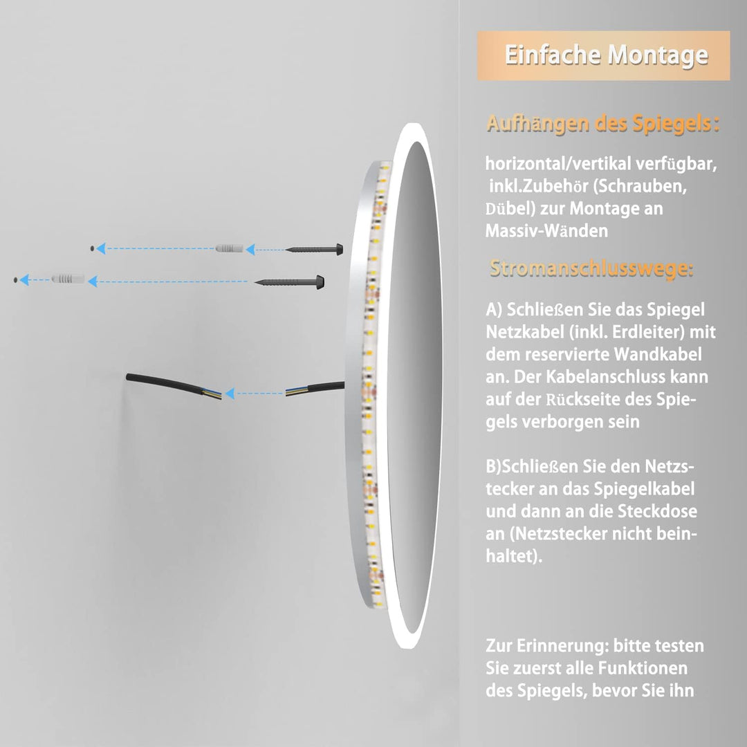 Aica Sanitär Runder LED Badspiegel Rund 80cm 3 Lichfarbe dimmbar Memory Wand/Touchschalter Anti-Besc